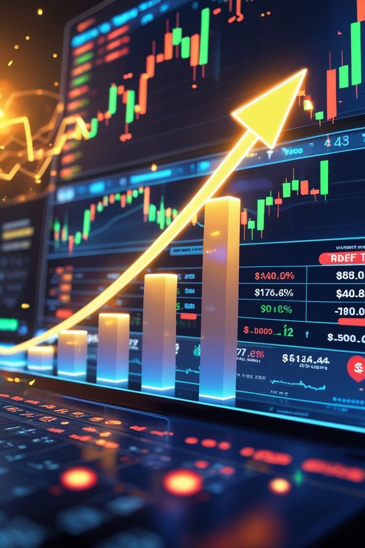 Dynamic stock market chart showing bullish candlestick pattern with neon green indicators